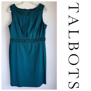 Talbots Wool Pleat Detail Sleeveless Knee Length Sheath Dress in Peacock Teal 12